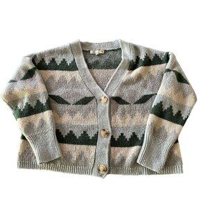 C&C California Pink Gray & Green Pattern V-Neck Knit Button-up Cardigan Sweater